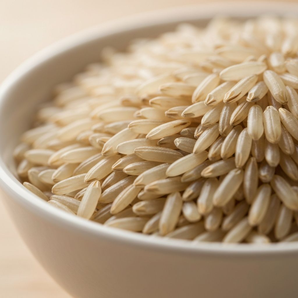 Brown rice grains in white bowl